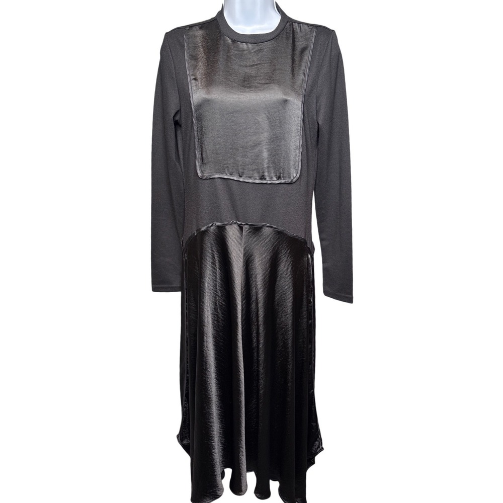 UNAYA Black Mixed Media Satin Panel Long Sleeve Midi Dress Sz M Avant-Garde Edgy